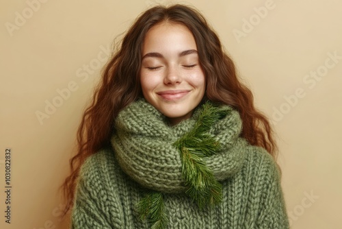 Cozy winter happiness: smiling woman in green knit sweater with pine details