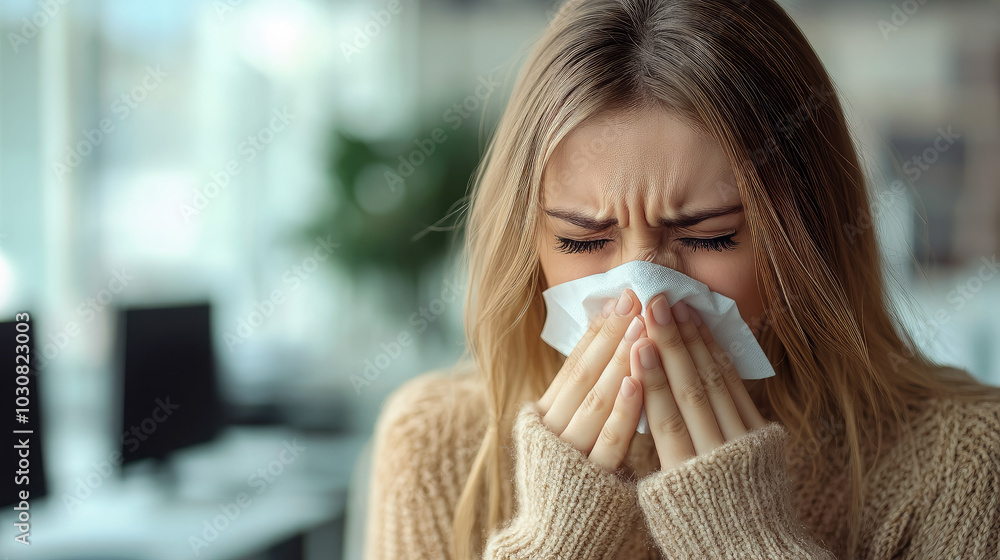 Woman in office clothes with cold or allergy sneezing into handkerchief on blurred office background, sick girl, flu, acute respiratory viral infection, ARVI, virus, runny nose, employee at work Woman in office clothes with cold or allergy sneezing into handkerchief on blurred office background, sick girl, flu, acute respiratory viral infection, ARVI, virus, runny nose, employee at work