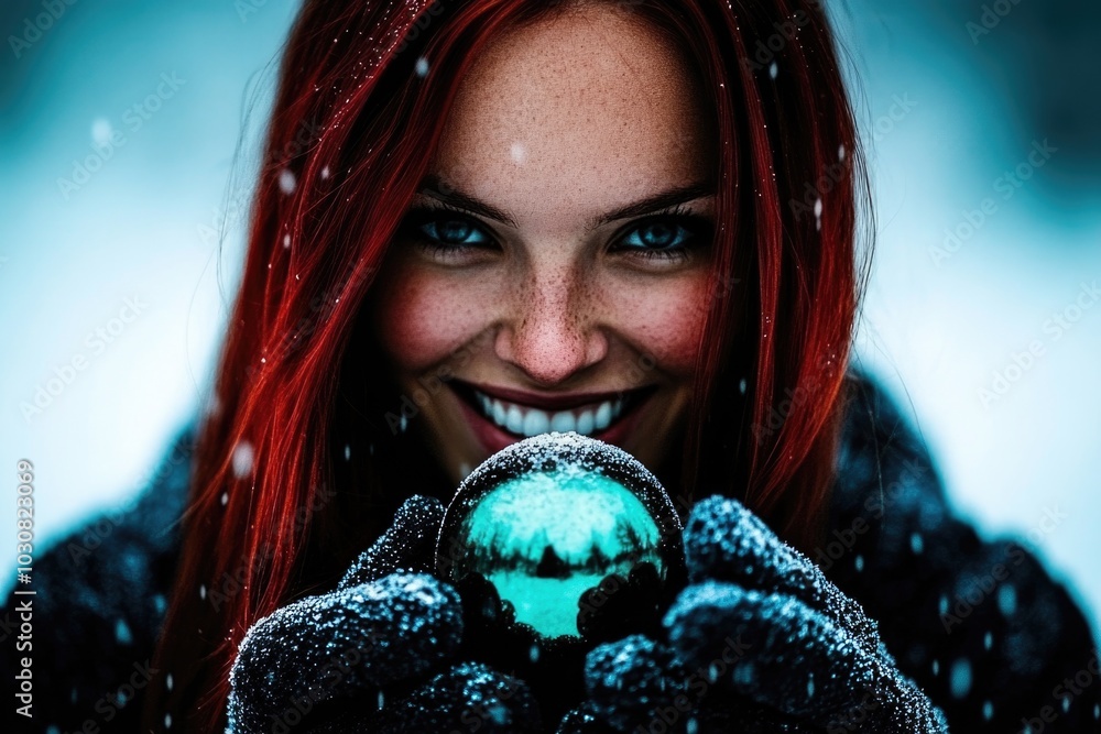 Naklejka premium Enchanting redhead with snowy crystal ball in winter wonderland