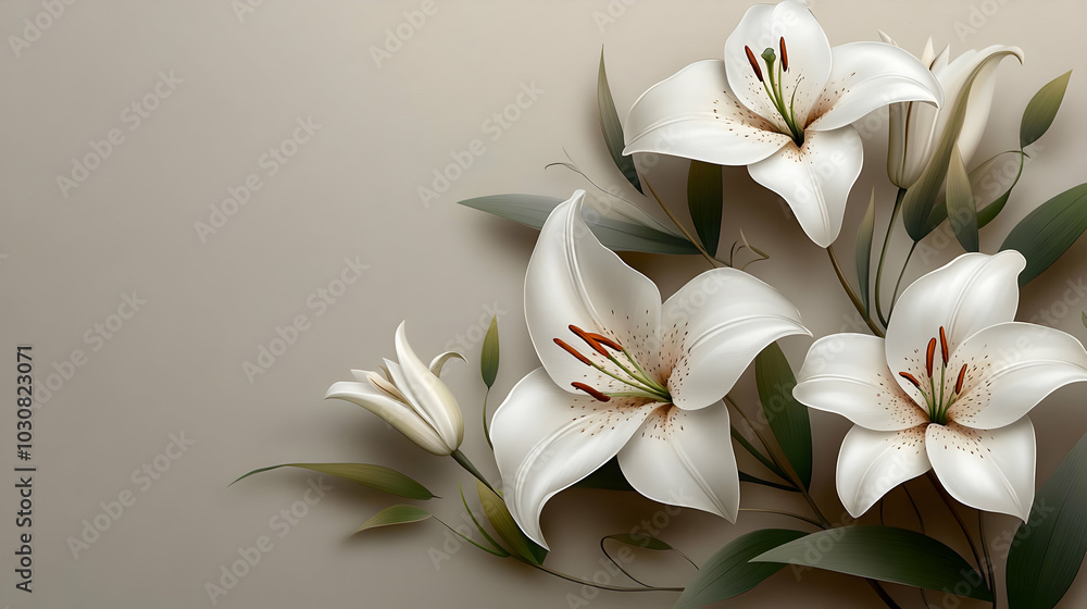 Elegant white lilies with green leaves on a soft background. Elegant white lilies with green leaves on a soft background.