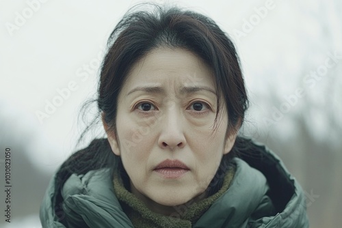 Pensive woman in winter coat outdoors under overcast sky