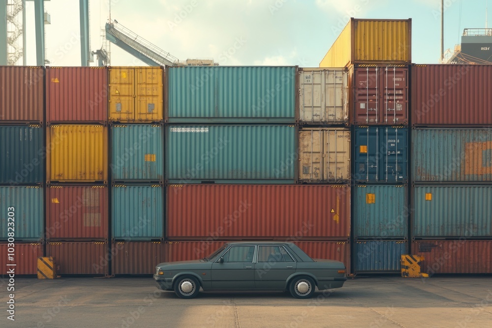 Fototapeta premium Car near shipping container wall