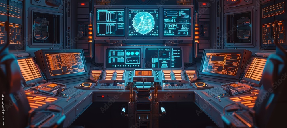 Fototapeta premium High-Tech Nuclear Missile Control Panel with Glowing Displays in Secure Bunker Setting