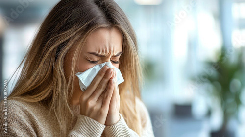 Woman in office clothes with cold or allergy sneezing into handkerchief on blurred office background, sick girl, flu, acute respiratory viral infection, ARVI, virus, runny nose, employee at work