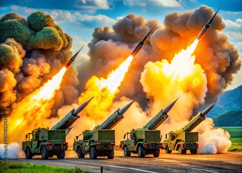 Advanced Multiple Rocket Launch Systems in Action: High-Tech Military Artillery Demonstrating Precision and Power photo