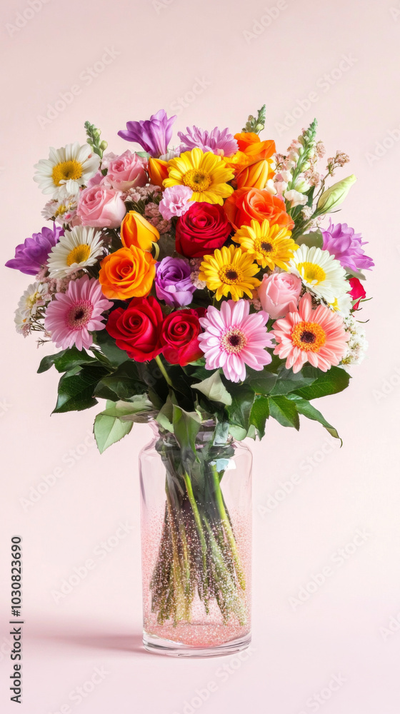 Vase with colorful flowers including roses and daisies on light background Vase with colorful flowers including roses and daisies on light background