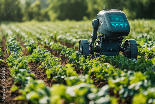 Autonomous farming robot tending crops in green field, smart agriculture technology concept