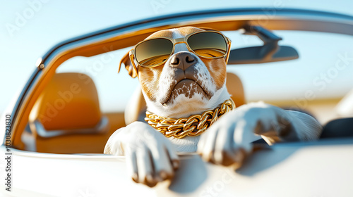 Cool dog wearing sunglasses and gold chain, driving luxury convertible car. scene captures fun and stylish vibe, perfect for pet lovers and car enthusiasts photo