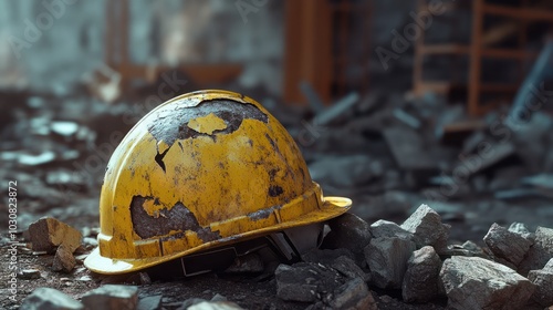 A damaged yellow hard hat lies among ruins, symbolizing danger or accident at a construction site
