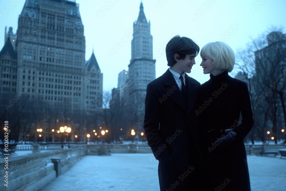 Elegant couple in city evening winter stroll amidst historic architecture Elegant couple in city evening winter stroll amidst historic architecture