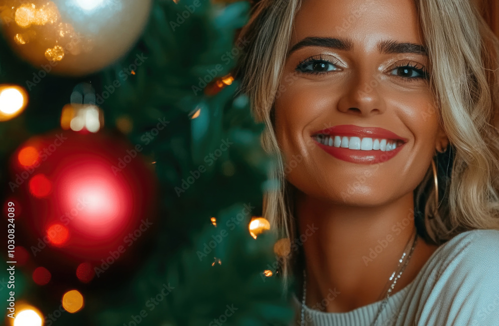 Festive cheer: woman smiling next to decorated christmas tree with ornaments Festive cheer: woman smiling next to decorated christmas tree with ornaments