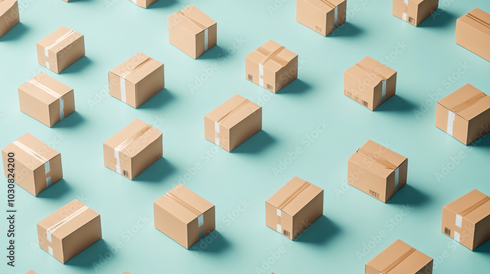 Cardboard boxes arranged in a pattern on light blue background, concept of shipping Cardboard boxes arranged in a pattern on light blue background, concept of shipping