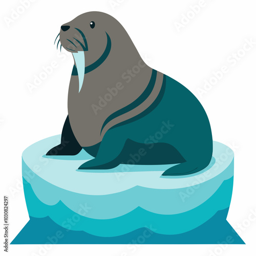 A walrus resting on an iceberg silhouette vector illustration on white background