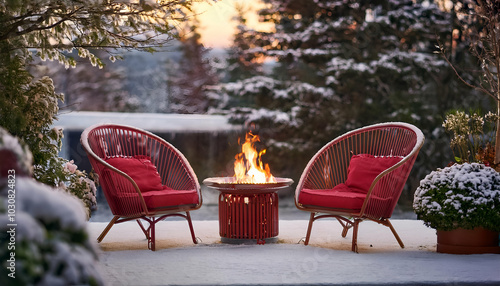 beautiful garden patio with chic red chairs and a fine layer of snow. Winter plants encircle the space, and a fire pit adds a warm, glowing focal point, creating a cozy yet wintry ambiance
