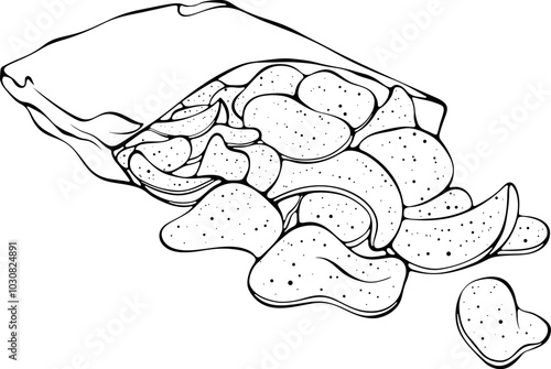 Opened package of potato chips. Spicy flavor snack. Vector illustration in hand drawn sketch doodle style. Line art isolated on white for coloring book, print