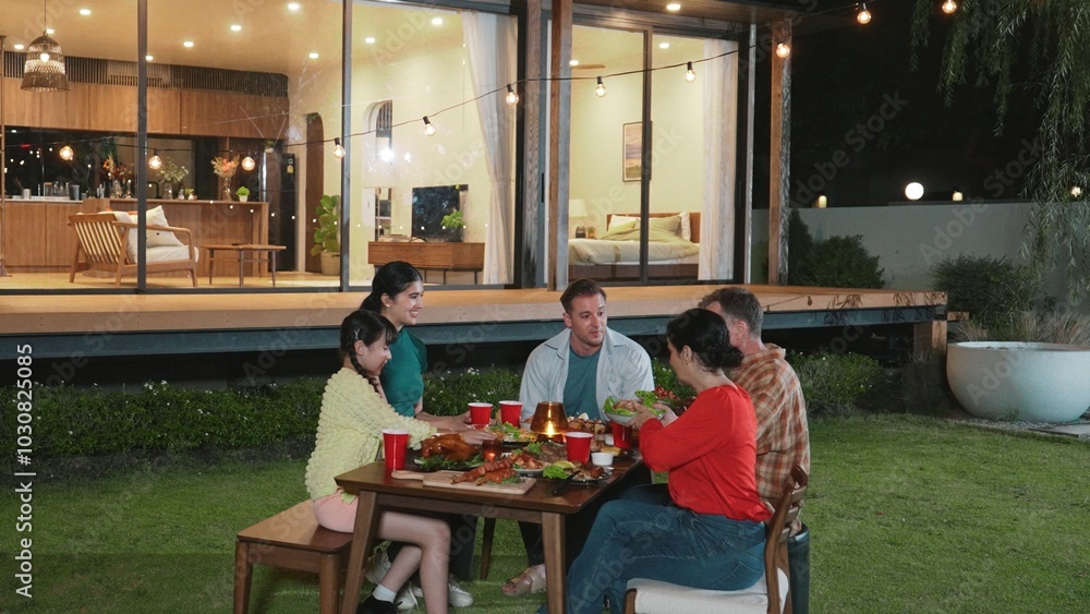 Naklejka premium Family gather celebrate holiday. Parents, grandparents and girl together to talk and have dinner party food. Outdoor activity for spending time with multigeneration cross generation gap. Divergence.