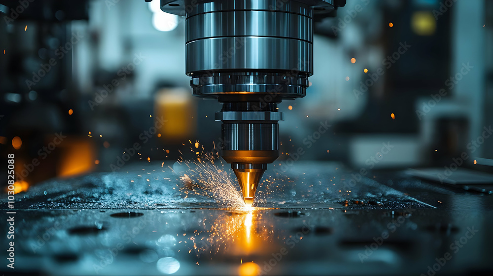 Close-up of a CNC machine cutting metal with sparks flying. Close-up of a CNC machine cutting metal with sparks flying.