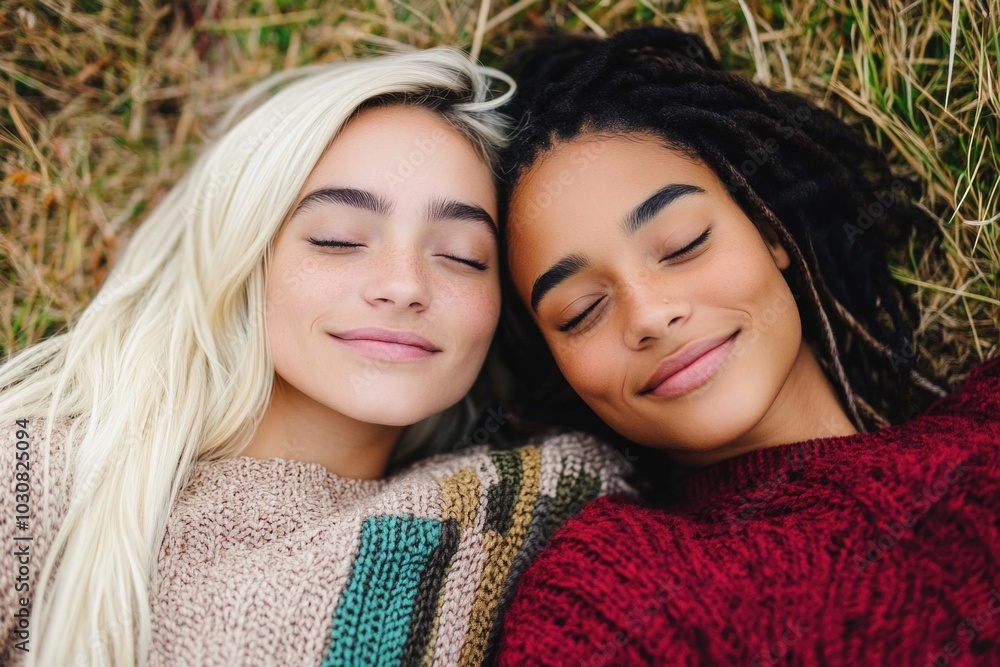 Obraz premium Two friends relaxing in sweaters on grass with eyes closed and smiling