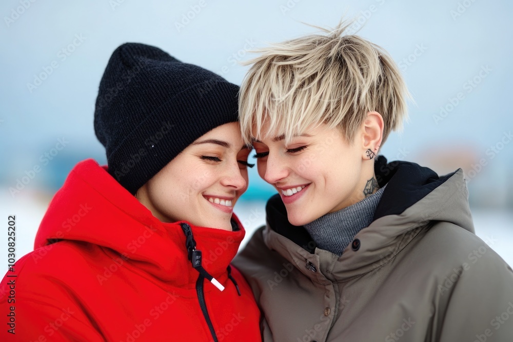Happy couple enjoying winter outdoors in cozy jackets and beanies Happy couple enjoying winter outdoors in cozy jackets and beanies