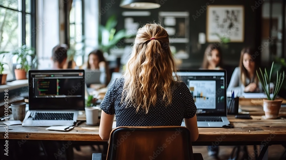 Woman working on a laptop in a modern office with other colleagues. Woman working on a laptop in a modern office with other colleagues.