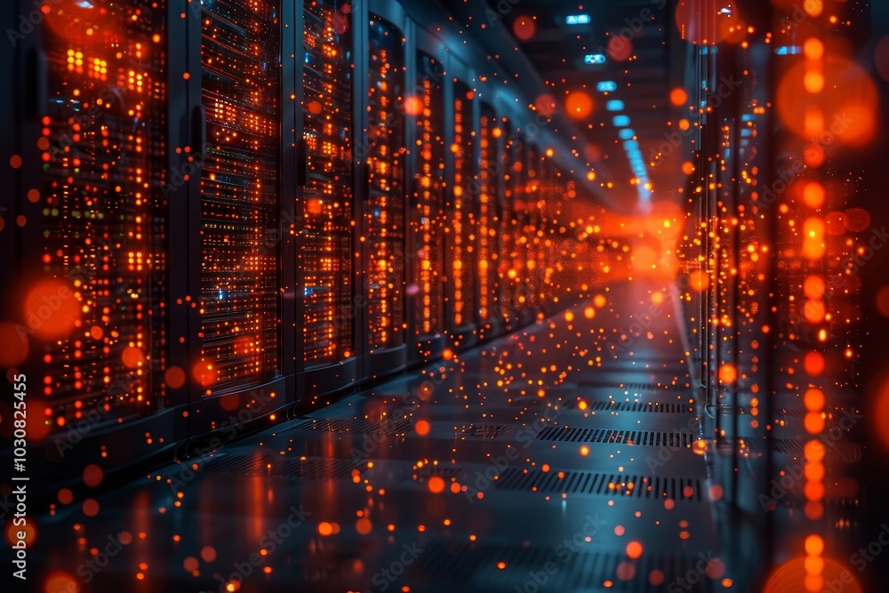 A data center corridor is filled with server racks that glow with vibrant lights. Colorful particles float through the air, creating a dynamic atmosphere reminiscent of a high-tech environment. A data center corridor is filled with server racks that glow with vibrant lights. Colorful particles float through the air, creating a dynamic atmosphere reminiscent of a high-tech environment.