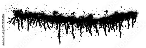 Black brush stroke made with spray with drips isolated on white background. Grunge stencil street airbrush painting. Graffiti with spots and blobs. Vector illustration