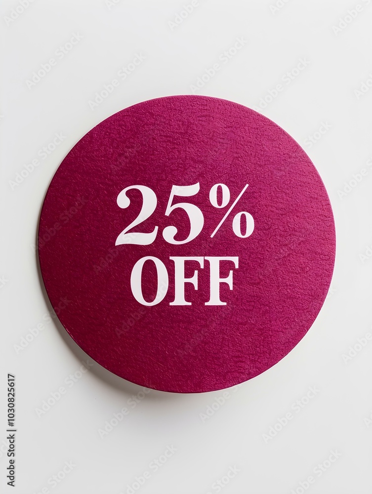 White '25% OFF' Text on a Burgundy Round Paper Note. White Background White '25% OFF' Text on a Burgundy Round Paper Note. White Background