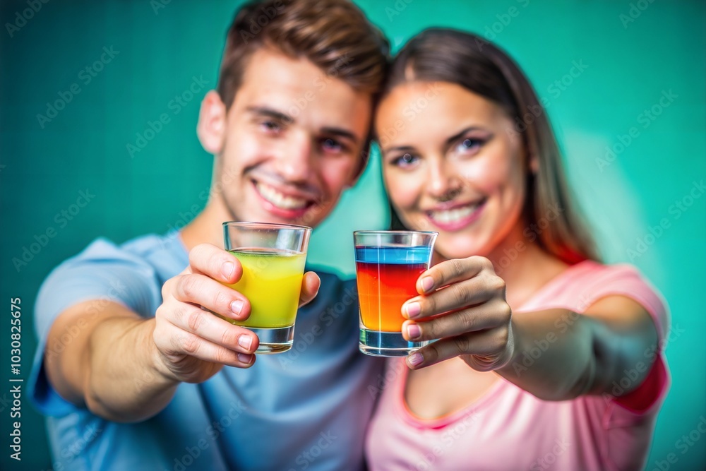 Young couple celebrating with colorful shots at party Young couple celebrating with colorful shots at party