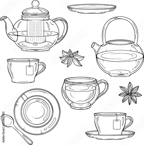 Set of different glass and ceramic teapots and tea cups for the tea ceremony. Morning hot drink. Vector illustration in hand drawn sketch doodle style. Line art isolated on white for coloring book