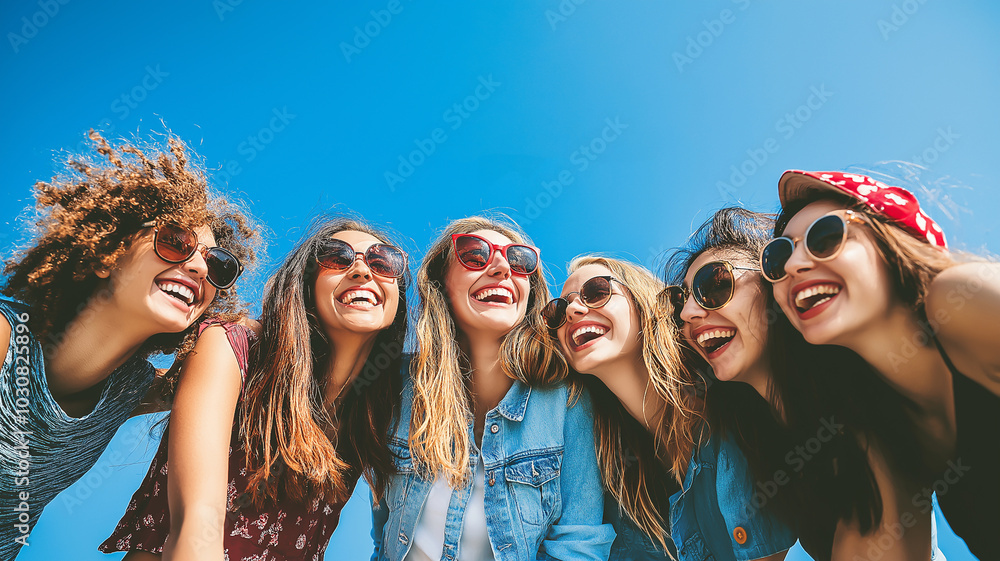 Fototapeta premium Friendship Day. A group photo of diverse friends laughing together on a sky-blue background