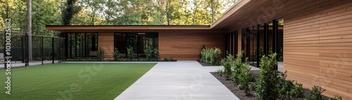 Modern architecture with wooden panels and landscaped garden.