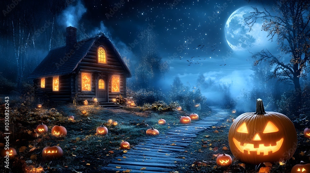 Spooky Haunted Cabin in Mysterious Moonlit Forest on Halloween Night Spooky Haunted Cabin in Mysterious Moonlit Forest on Halloween Night