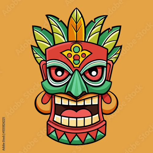 Traditional Tiki Wooden Mask Vector – Hand-Drawn Tribal God Face with Leaves for Logo Designs and Graphics Ads photo