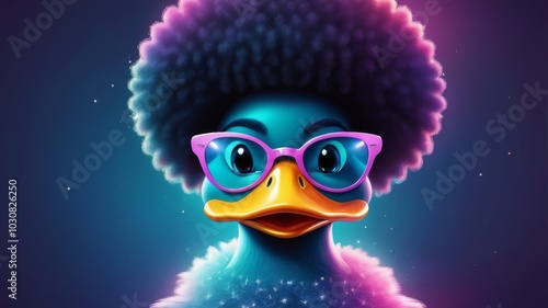 A cartoon duck with glasses and an afro hairstyle, exuding a playful and quirky personality.