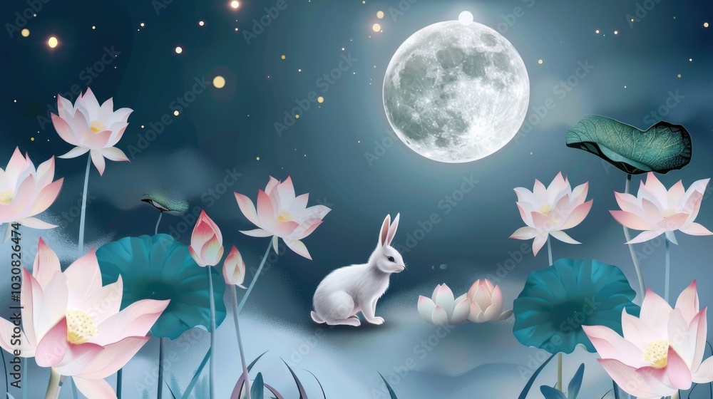 Obraz premium Rabbit in flower field at night