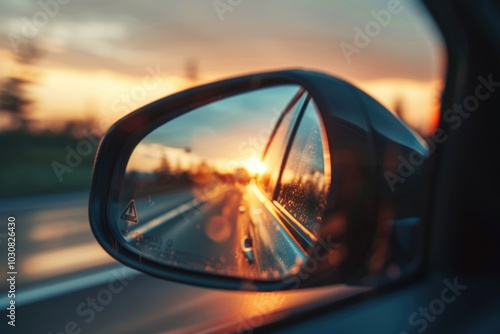 Car rear view mirror with sunset