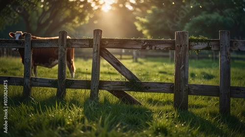 A brown and white cow stands in a grassy field behind a wooden fence with a sun shining through the trees.