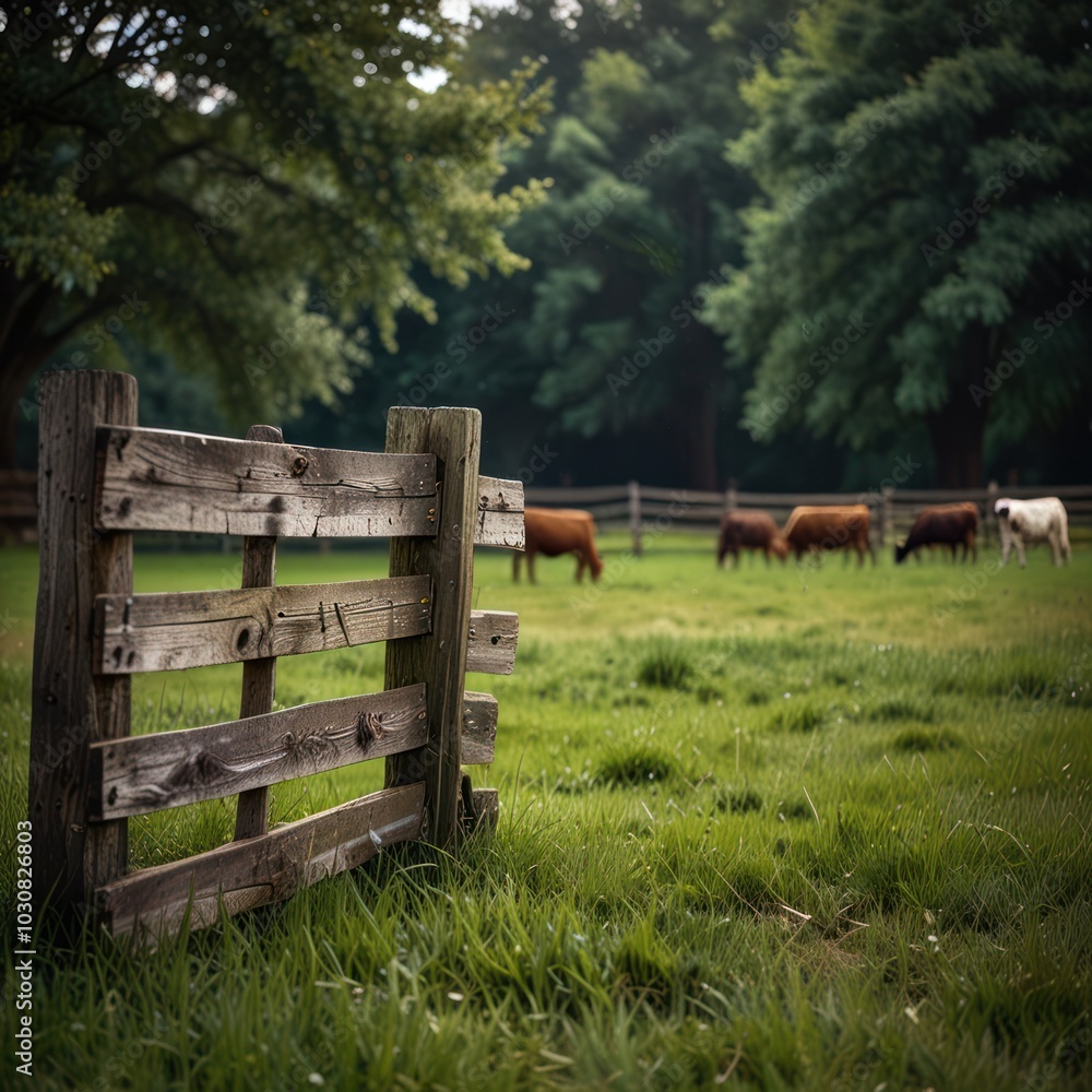 A wooden fence gate leads to a field where four cows graze in the lush green grass.
