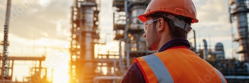 A construction worker with hard hat and vest observes refinery at sunset.