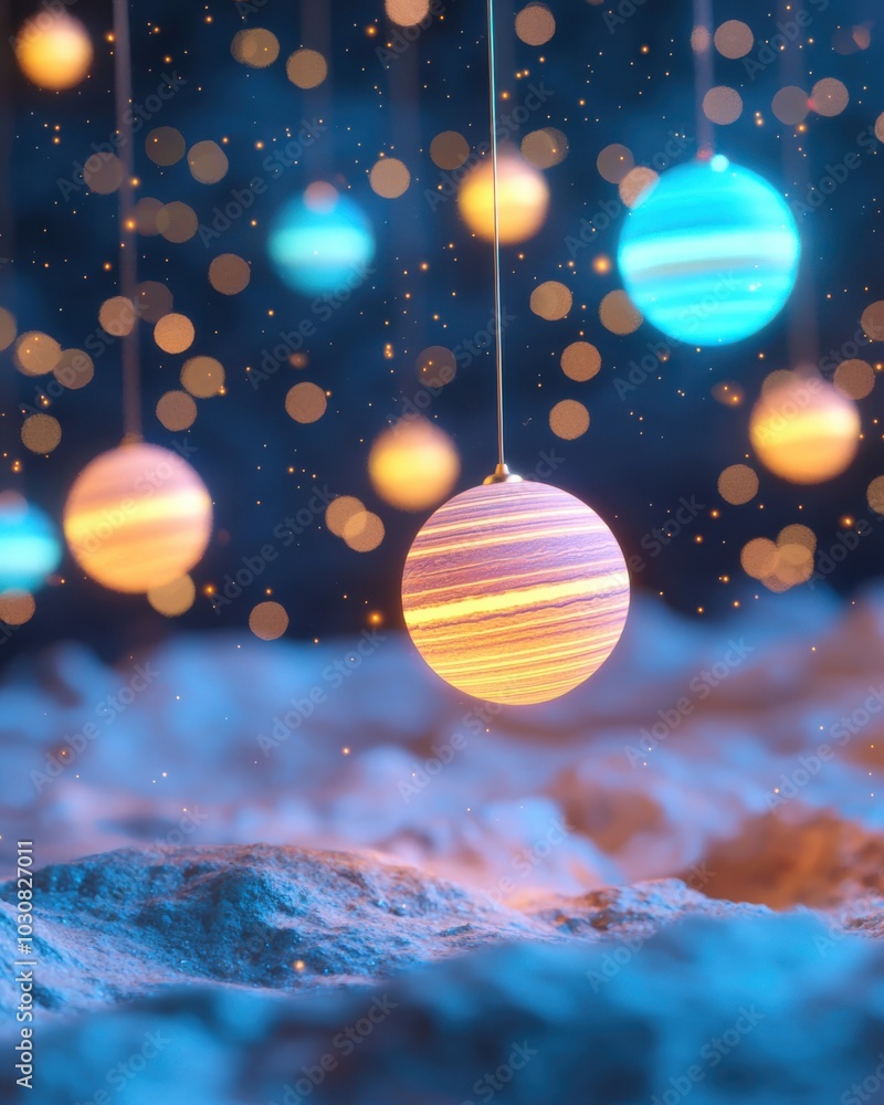 Fototapeta premium Colorful planet ornaments suspended in a dreamy cosmic background.