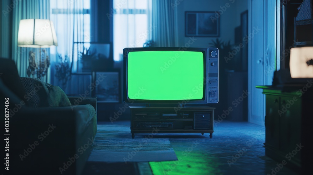 An old-fashioned green screen TV, like the ones from the 90s, sits in a living room. The screen is blank and ready to be filled with your own images or videos. An old-fashioned green screen TV, like the ones from the 90s, sits in a living room. The screen is blank and ready to be filled with your own images or videos.