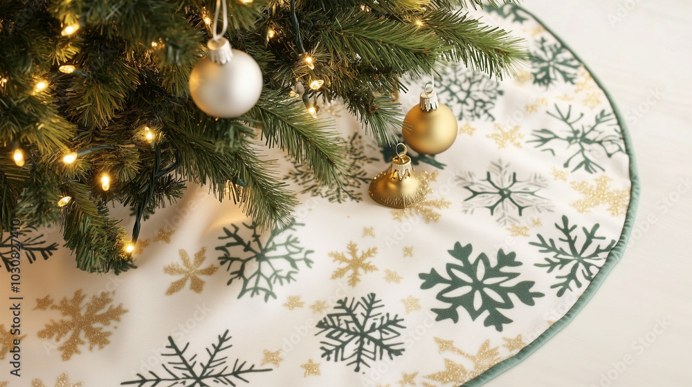 A Christmas tree with a snowflake patterned mat underneath it A Christmas tree with a snowflake patterned mat underneath it