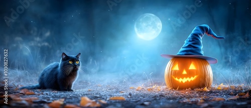 Spooky Black Cat and Glowing Jack o Lantern Under Full Moon in Mystical Autumn Forest