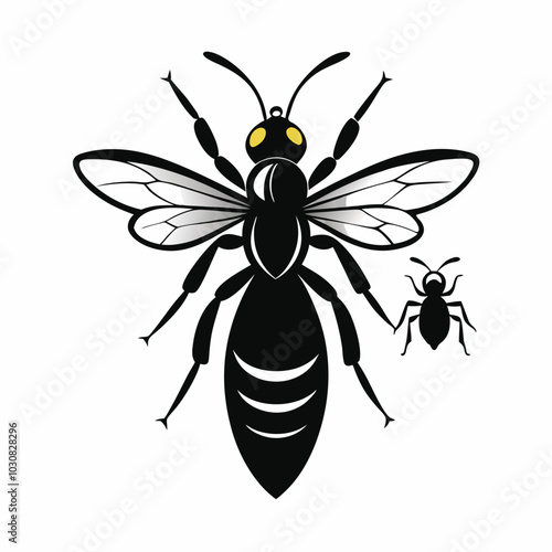 A wasp buzzing around silhouette vector illustration on white background