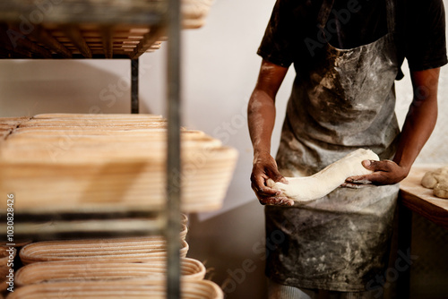 Black man, hands and bakery with dough for bread, rolls or pastry production at storage warehouse. Closeup, male person or baker with flour, ingredients or wheat for handmade food or heast at factory photo