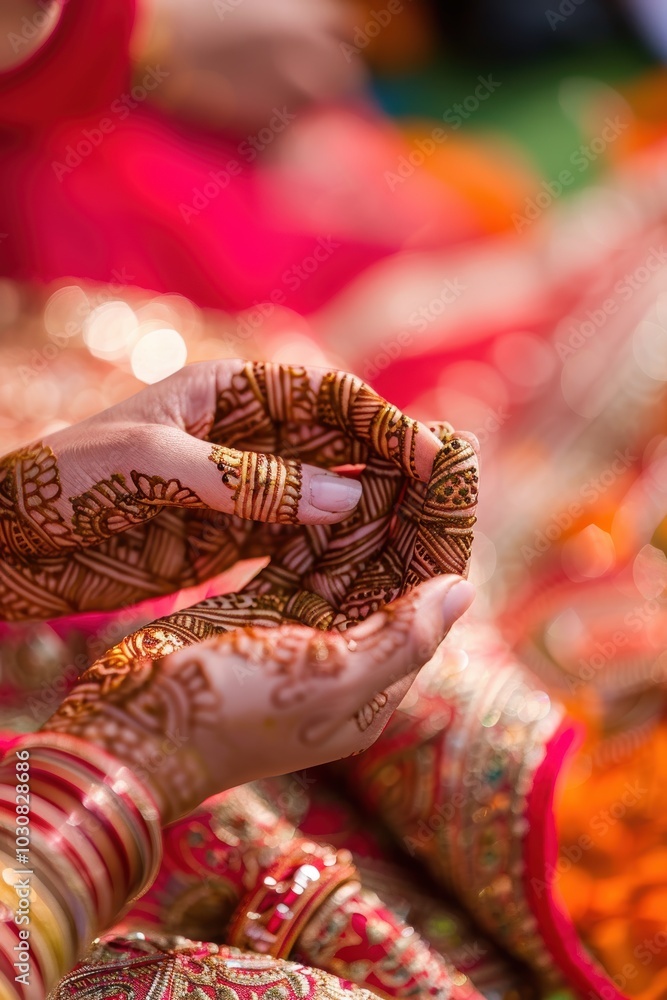 Fototapeta premium Intricate Henna Art on Hands During Deepavali Preparations with Festive Glow