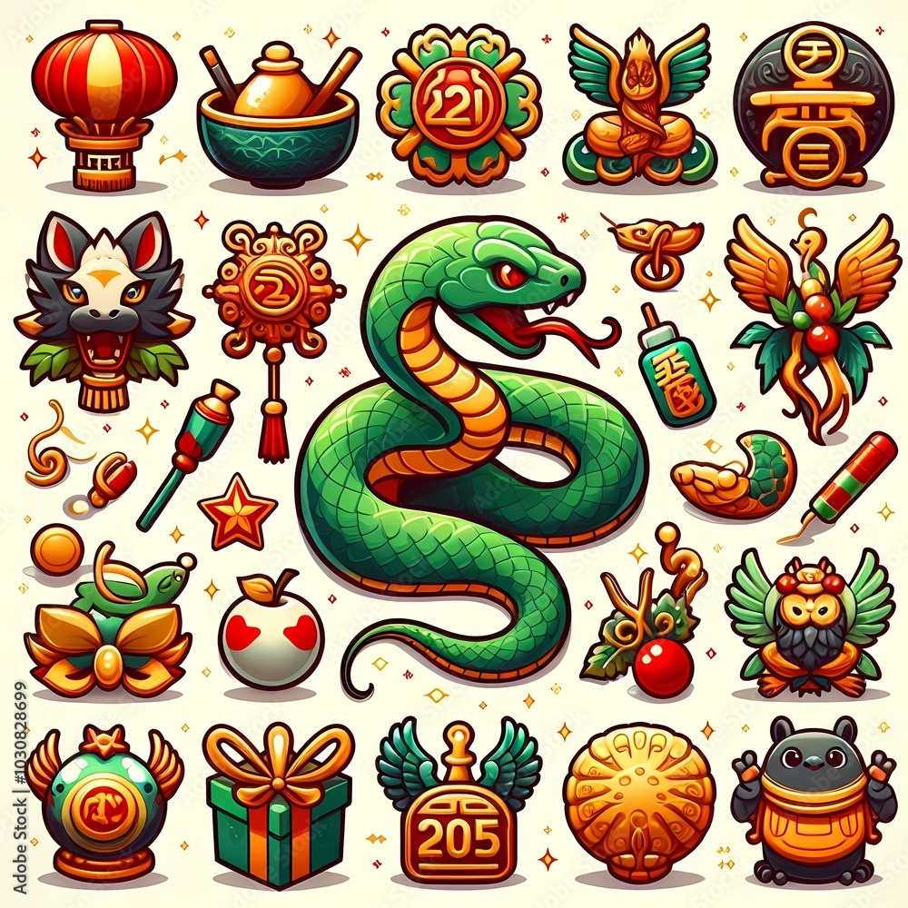 New Year's poster 2025 with the symbol of the year and New Year's decorations, stickers New Year's poster 2025 with the symbol of the year and New Year's decorations, stickers