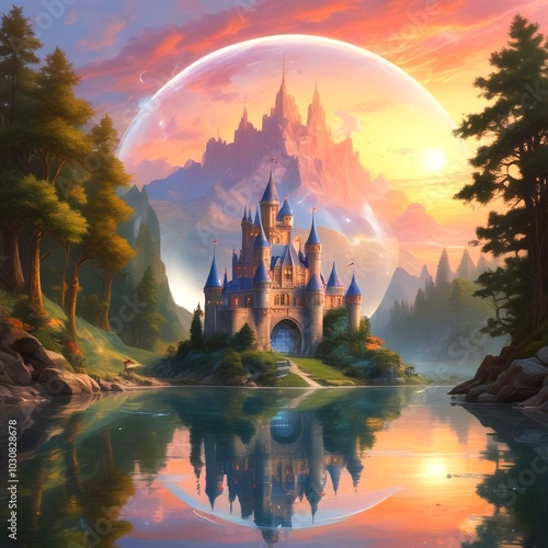 Illustration of magic fantasy castle in soap bubble.