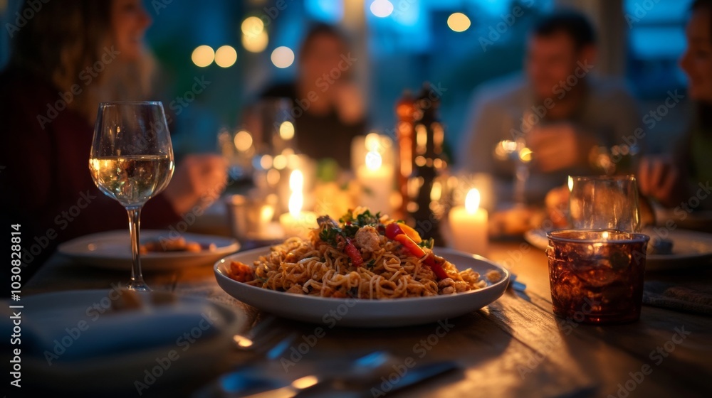 Enjoying a Cozy Dinner with Friends: Delicious Pasta and Wine Under Warm Candlelight Enjoying a Cozy Dinner with Friends: Delicious Pasta and Wine Under Warm Candlelight