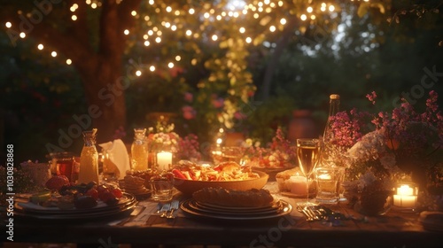 A delightful outdoor dinner with lights and delicious food, perfect for gatherings and celebrations under the stars.